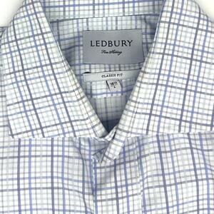 Ledbury Button Down Shirt Men's Size Large 16.5 White Blue Windowpane Plaid